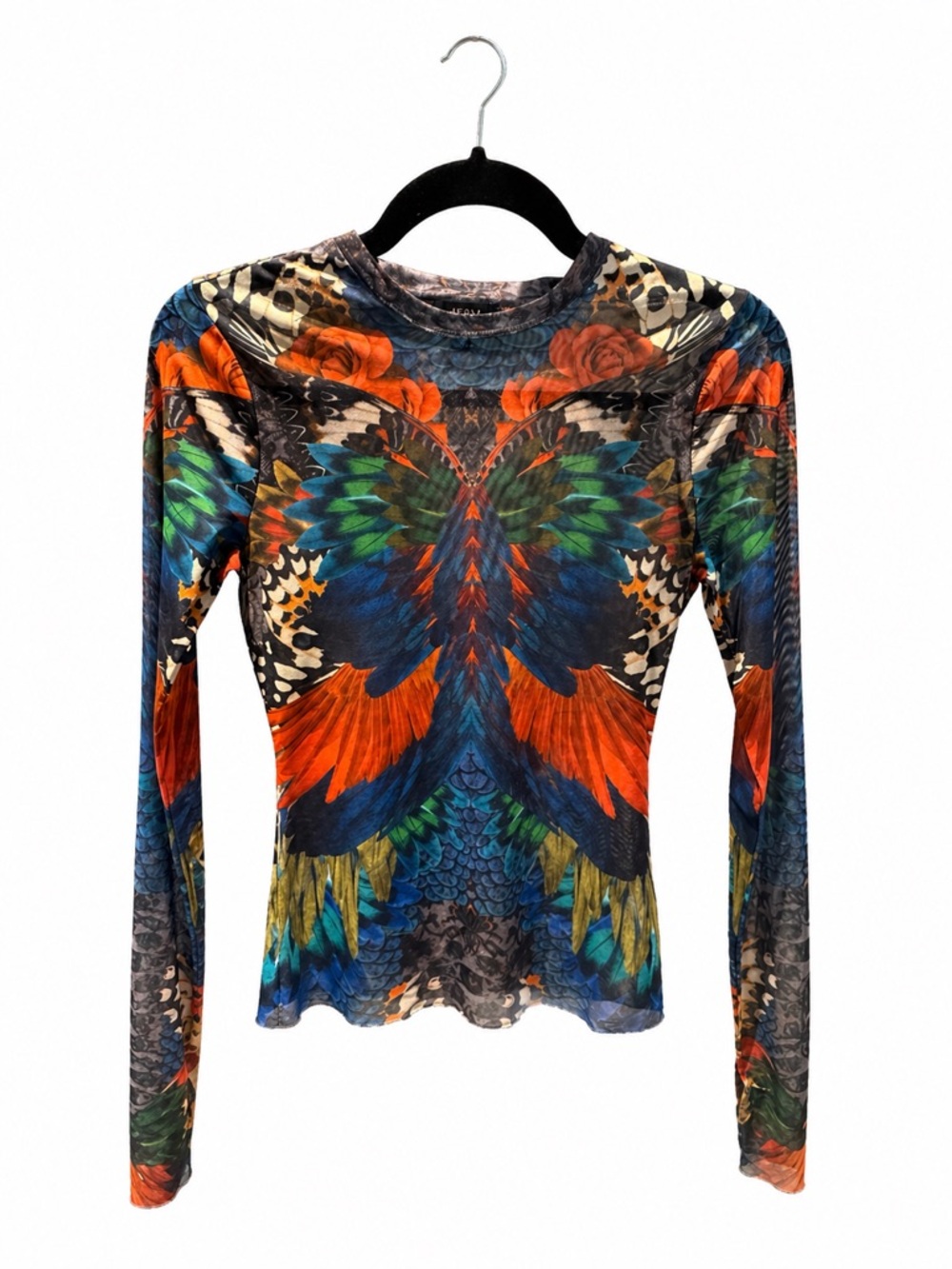 Multicolor Feather-Print Mesh Long-Sleeve Women's Top